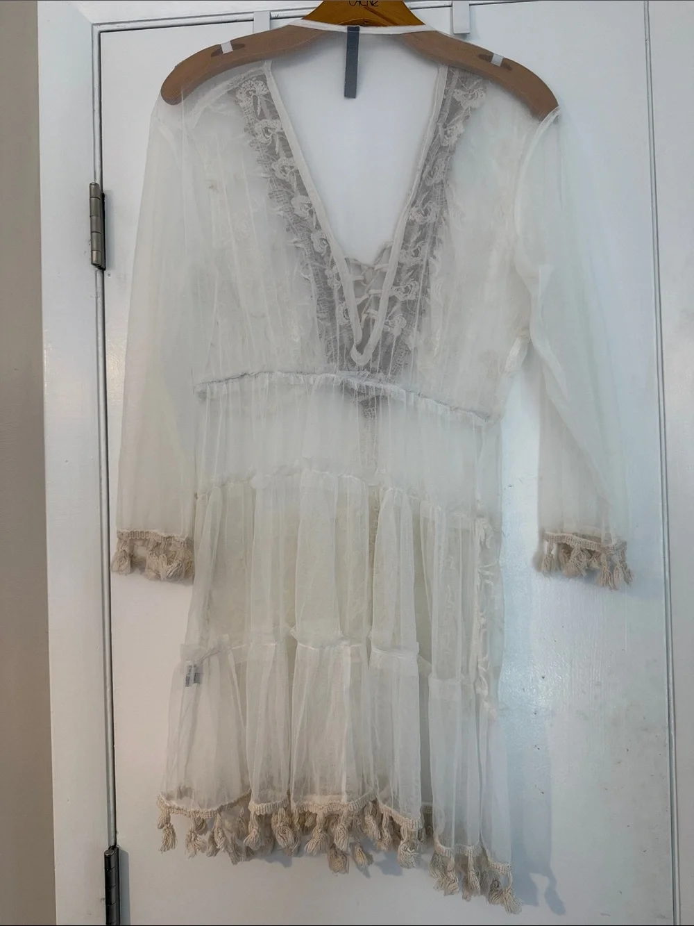 Sheer Ivory Tassel Swim Coverup with Taupe Trim